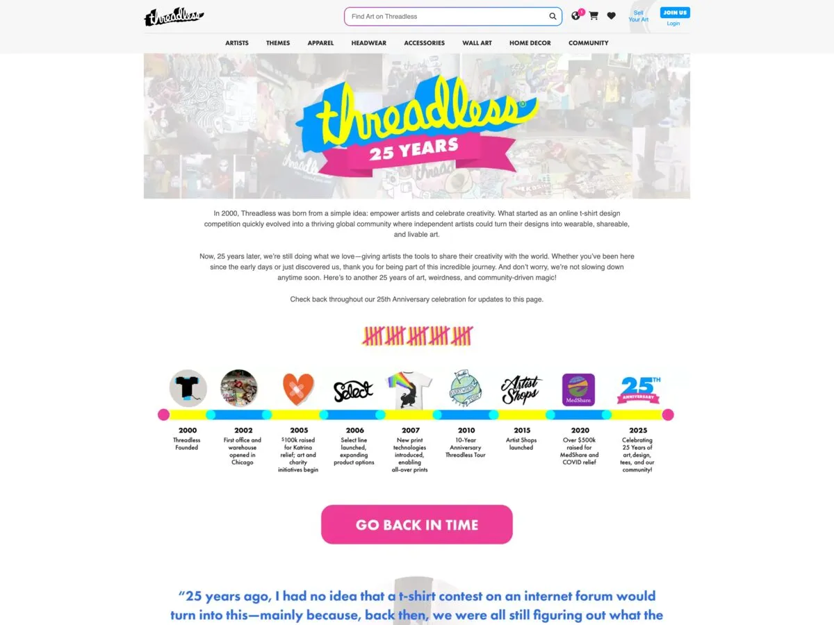 Top of the public Threadless 25th Anniversary landing page.